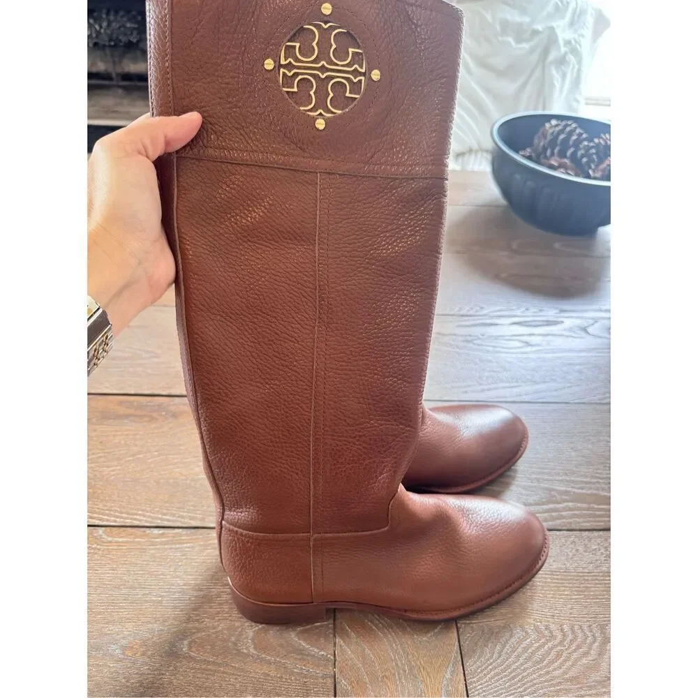 Tory Burch Kiernan 35MM Tumbled Leather‎ Riding Boots Almond Size 7